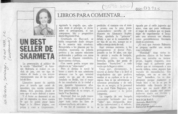 Un best seller de Skarmeta  [artículo] M. Teresa Herreros.