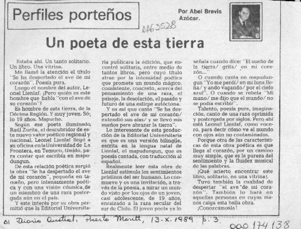 Un poeta de esta tierra  [artículo] Abel Brevis Azócar.