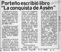 Porteño escribió libro "La conquista de Aysén"  [artículo].