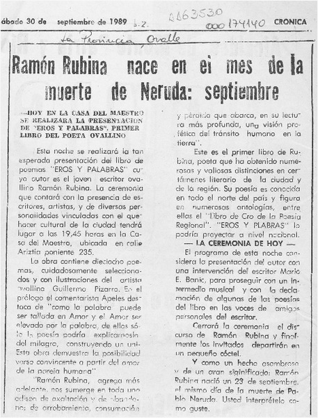 Ramón Rubina nace en el mes de la muerte de Neruda, septiembre  [artículo].