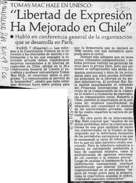 "Libertad de expresión ha mejorado en Chile"  [artículo].