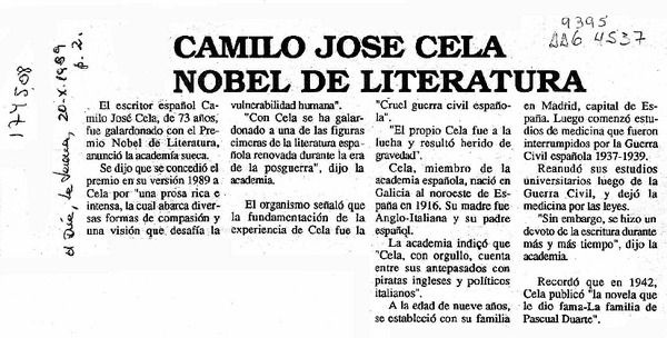Camilo José Cela Nobel de Literatura  [artículo].