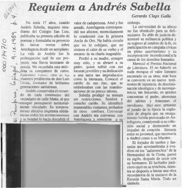 Requiem a Andrés Sabella  [artículo] Gerardo Claps Gallo.