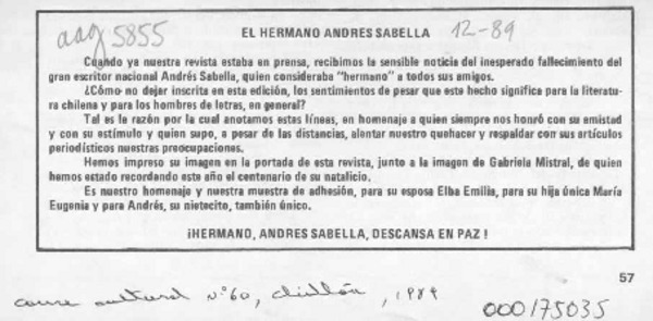El Hermano Andrés Sabella  [artículo].