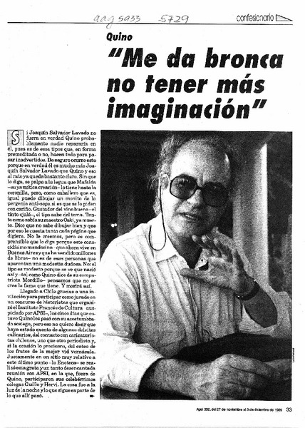 "Me da bronca no tener más imaginación"  [artículo] Marcelo Mendoza Prado.