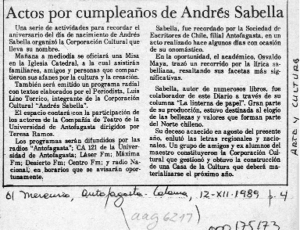 Actos por cumpleaños de Andrés Sabella  [artículo].