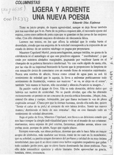 Ligera y ardiente, una nueva poesía  [artículo] Eduardo Díaz Espinoza.