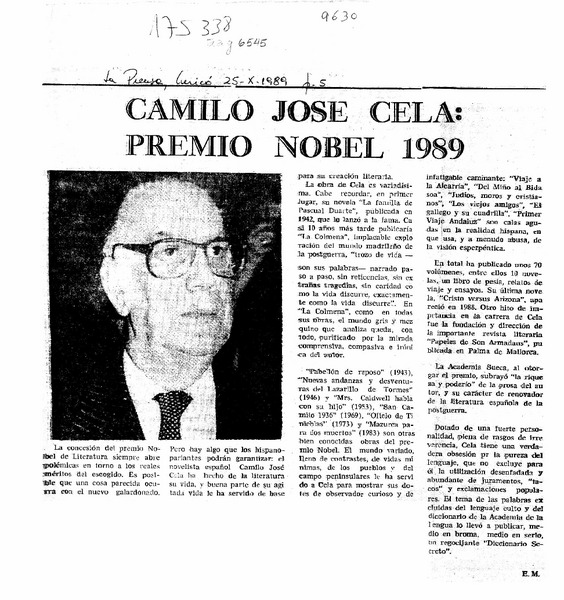 Camilo José Cela Premio Nobel 1989  [artículo] E. M.