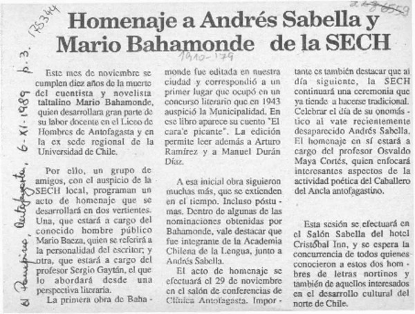 Homenaje a Andrés Sabella y Mario Bahamonde de la SECH  [artículo].