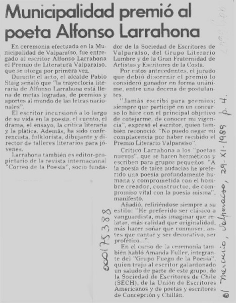 Municipalidad premió al poeta Alfonso Larrahona  [artículo].