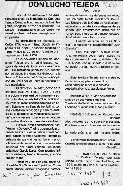 Don Lucho Tejeda  [artículo] Archivero.