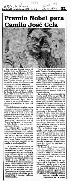 Premio Nobel para Camilo José Cela  [artículo] Rolando Manzano Concha.