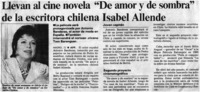 Llevan al cine novela "De amor y de sombra" de la escritora chilena Isabel Allende