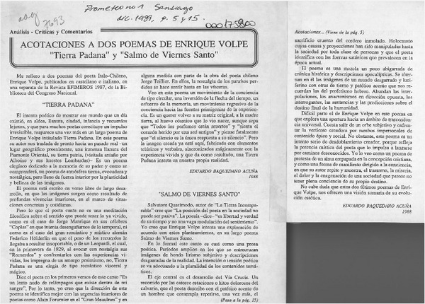 Acotaciones a dos poemas de Enrique Volpe  [artículo] Eduardo Baquedano Acuña.