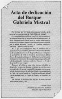 Acta de dedicación del Bosque Gabriela Mistral