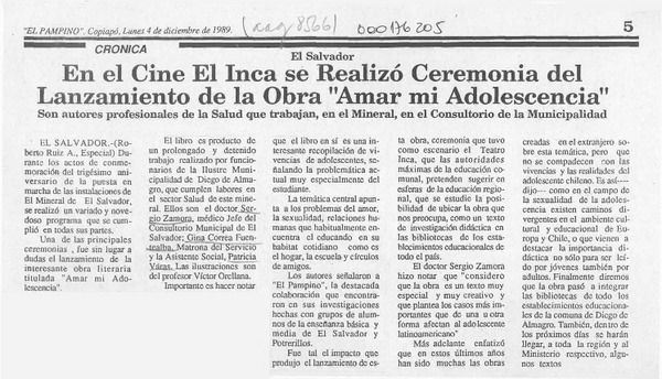 En el cine El Inca se realizó ceremonia del lanzamiento de la obra "Amar mi adolescencia"  [artículo] Roberto Ruiz A.