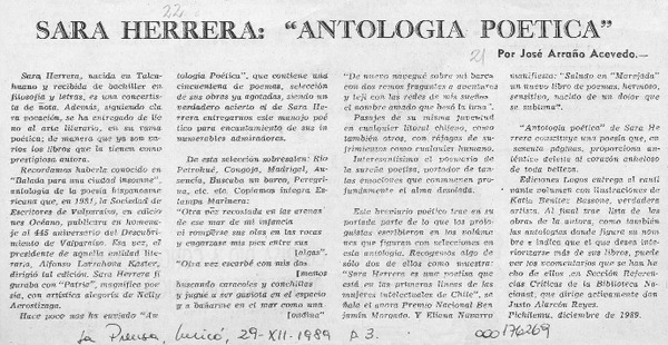 Sara Herrera, "Antología poética"  [artículo] José Arraño Acevedo.