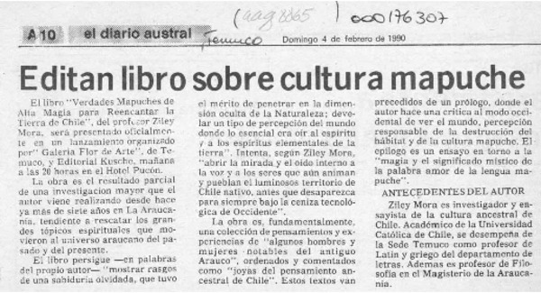 Editan libro sobre cultura mapuche  [artículo].