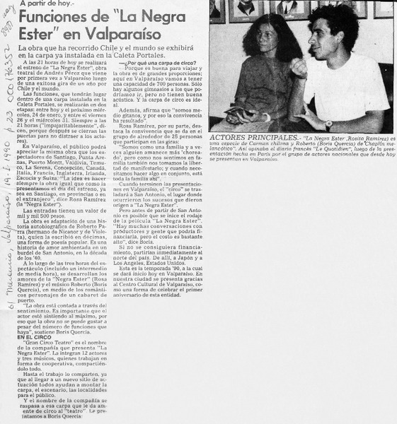 Funciones de "La negra Ester" en Valparaíso  [artículo].