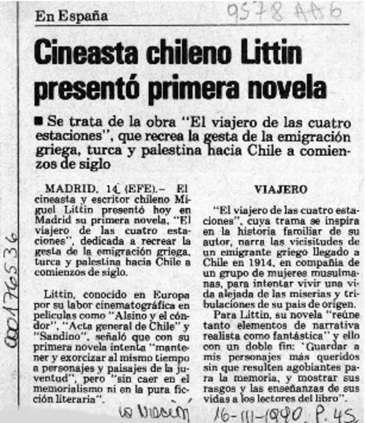 Miguel Littin presentó su primera novela  [artículo].