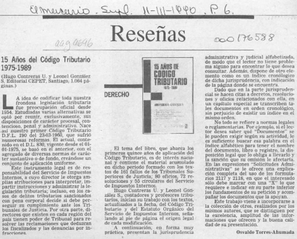 15 años de Código Tributario 1975-1989  [artículo] Osvaldo Torres-Ahumada.