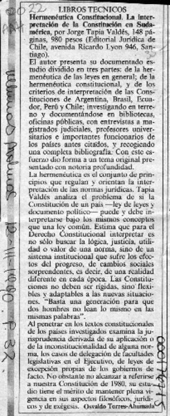 Hermenéutica constitucional, la interpretación de la Constitución en Sudamérica  [artículo] Osvaldo Torres-Ahumada.