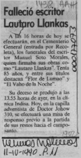 Falleció escritor Lautaro Llankas  [artículo].