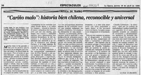 "Cariño malo", historia bien chilena, reconocible y universal  [artículo] Luisa Ulibarri.