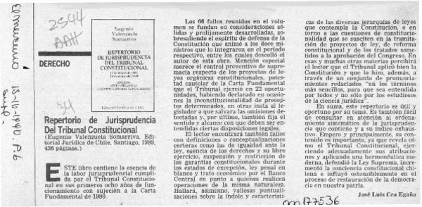 Repertorio de jurisprudencia del Tribunal Constitucional  [artículo] José Luis Cea Egaña.