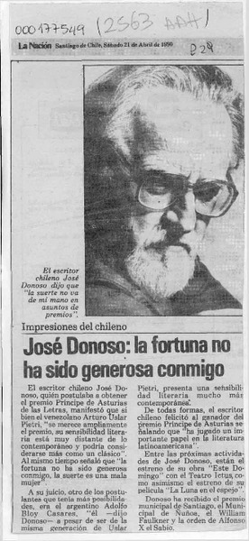 José Donoso, la fortuna no ha sido generosa conmigo  [artículo].