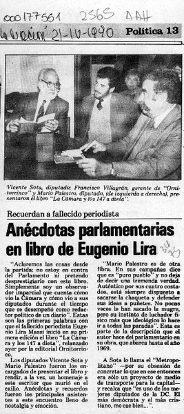 Anécdotas parlamentarias en libro de Eugenio Lira  [artículo].