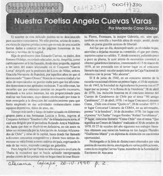 Nuestra poetisa Angela Cuevas Varas  [artículo] Medardo Cano Godoy.