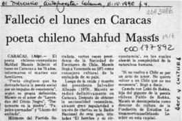 Falleció el lunes en Caracas poeta chileno Mahfud Massís  [artículo].