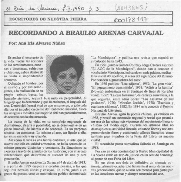 Recordando a Braulio Arenas Carvajal  [artículo] Ana Iris Alvarez Núñez.