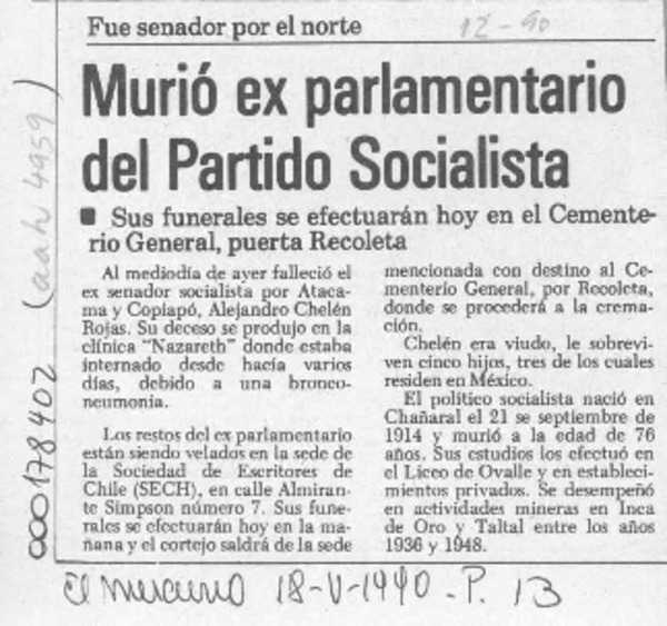 Murió ex parlamentario del Partido Socialista  [artículo].