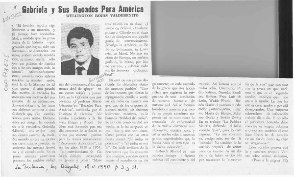 Gabriela y sus recados para América  [artículo] Wellinngton Rojas Valdebenito.
