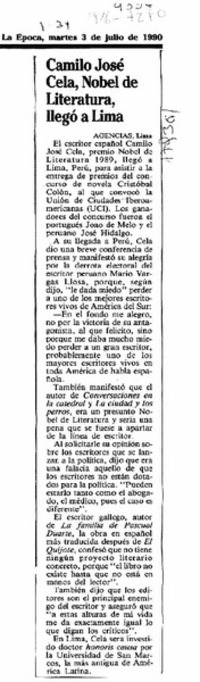 Camilo José Cela, Nobel de Literatura, llegó a Lima  [artículo].
