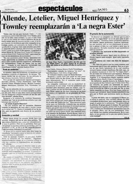 Allende, Letelier, Miguel Henríquez y Townley reeplazarán a "La Negra Ester"  [artículo] A. L. A.