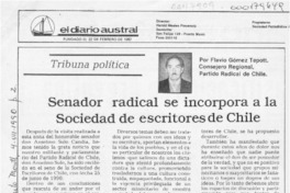 Senador radical se incorpora a la Sociedad de Escritores de Chile  [artículo] Flavio Gómez Tepott.
