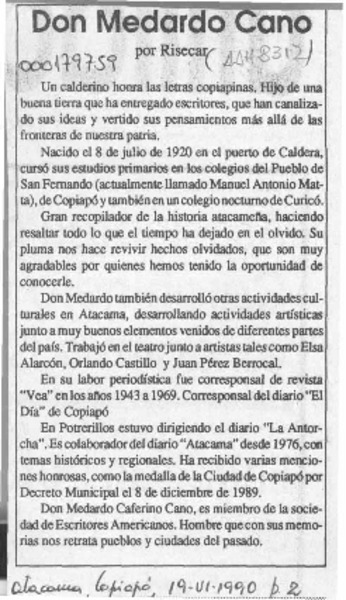 Don Medardo Cano  [artículo] Risecar.