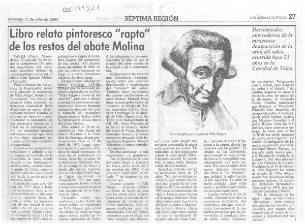 Libro relata pintoresco "rapto" de los restos del abate Molina