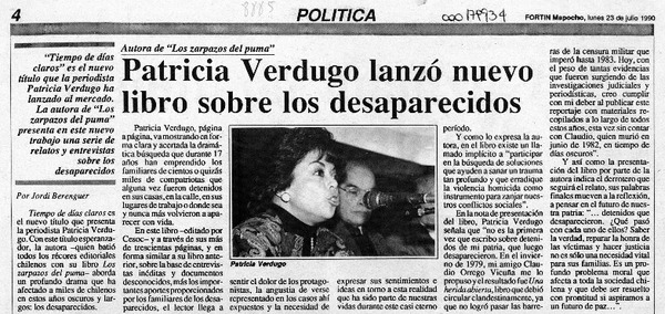 Patricia Verdugo lanzó nuevo libro sobre los desaparecidos  [artículo] Jordi Berenguer.