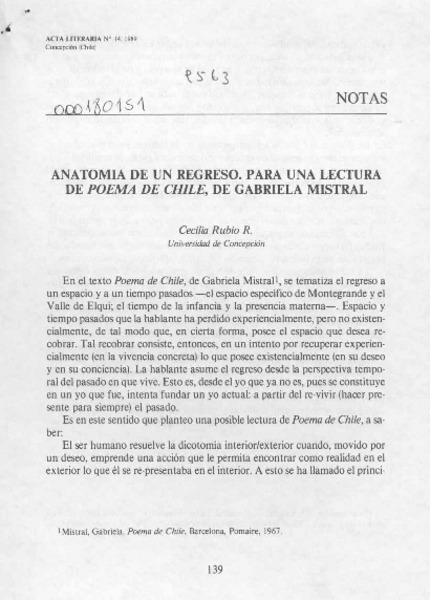 Anatomía de un regreso, para una lectura de Poema de Chile, de Gabriela Mistral  [artículo] Cecilia Rubio R.