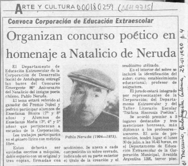 Organizan concurso poético en homenaje a natalicio de Neruda  [artículo].