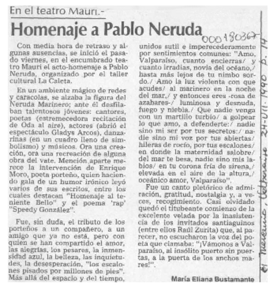 Homenaje a Pablo Neruda  [artículo] María Eliana Bustamante.