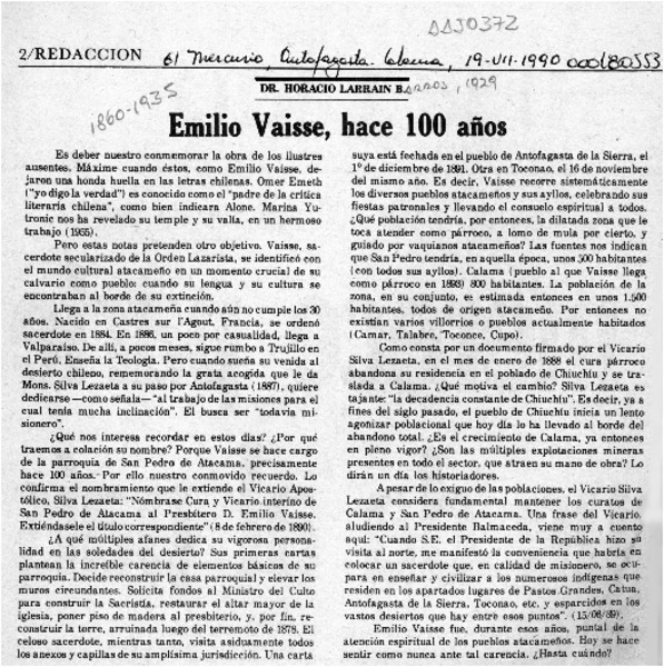 Emilio Vaisse, hace 100 años  [artículo] Horacio Larraín B.