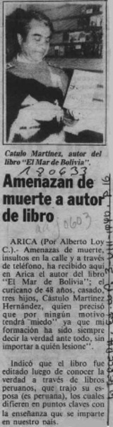 Amenazan de muerte a autor de libro  [artículo] Alberto Loy C.