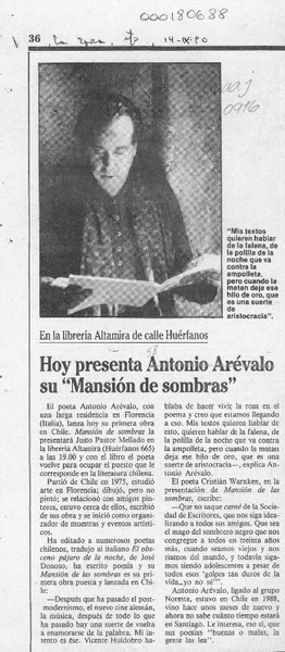 Hoy presenta Antonio Arévalo su "Mansión de sombras"  [artículo].