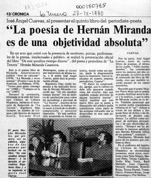 "La Poesía de Hernán Miranda es de una objetividad absoluta"  [artículo].