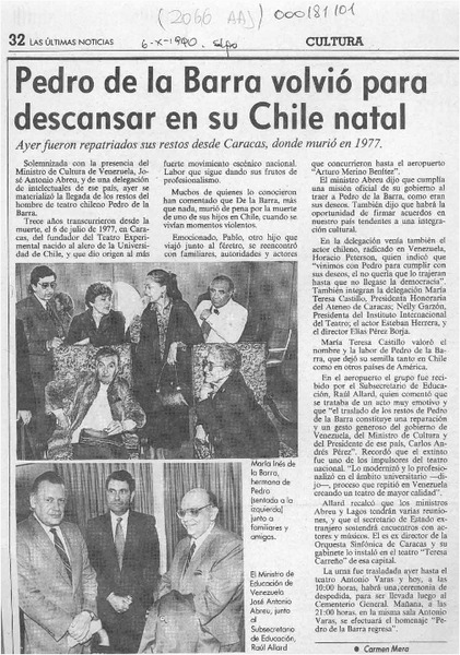 Pedro de la Barra volvió para descansar en su Chile natal  [artículo] Carmen Mera.